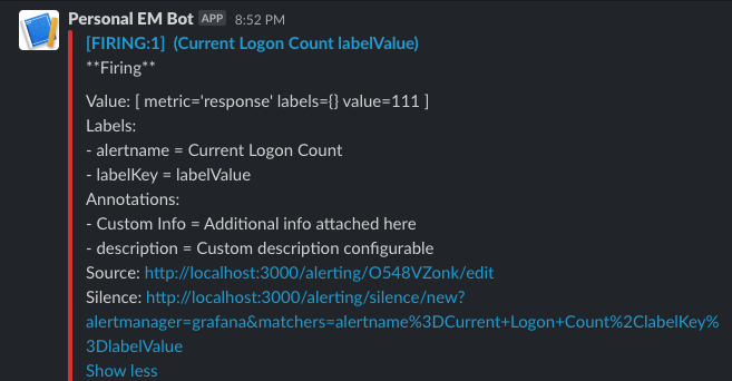 アラート・ルールがトリガーされたときのSlack通知の例 アラート・ルールがトリガーされたときのSlack通知の例