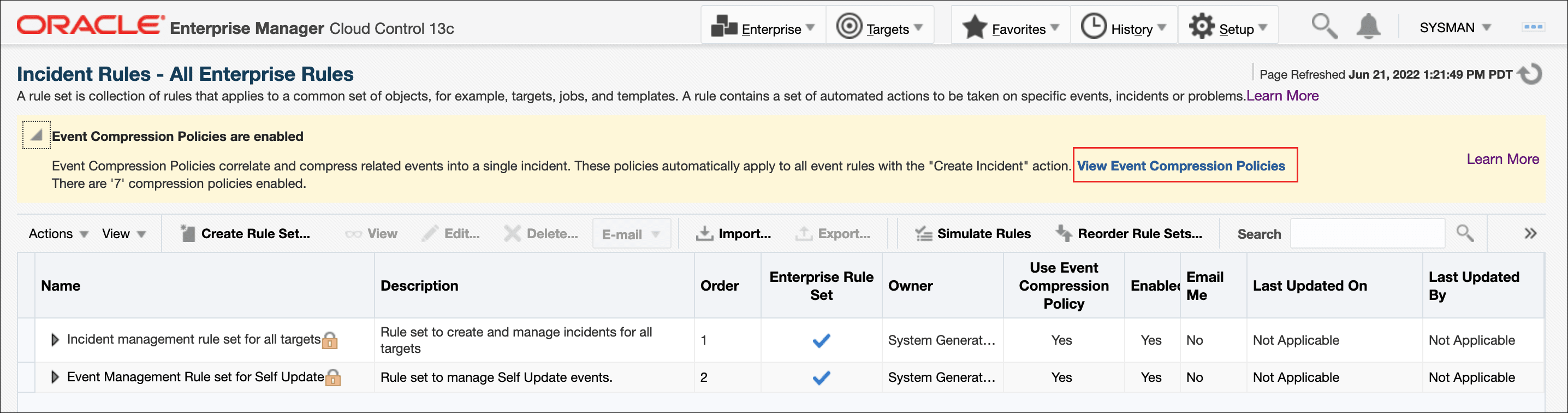 「イベント圧縮ポリシーの表示」オプションが強調表示された「インシデント・ルール」ページを示す画像。