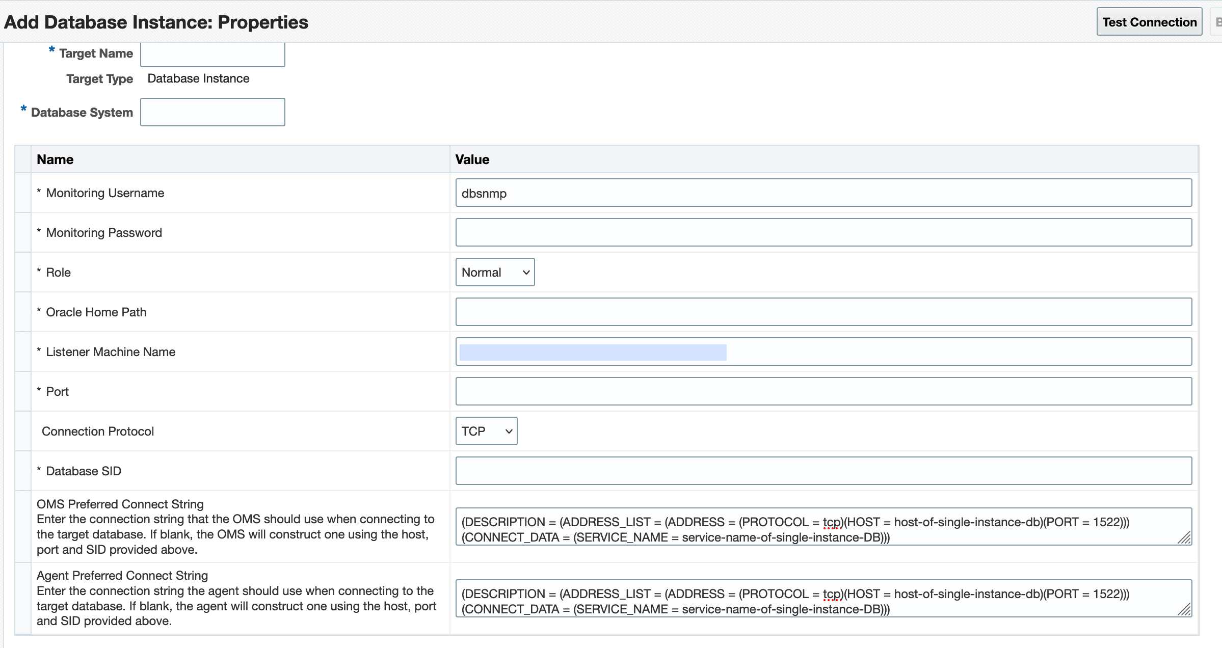 データベース・インスタンス・プロパティの構成 データベース・インスタンス・プロパティの構成