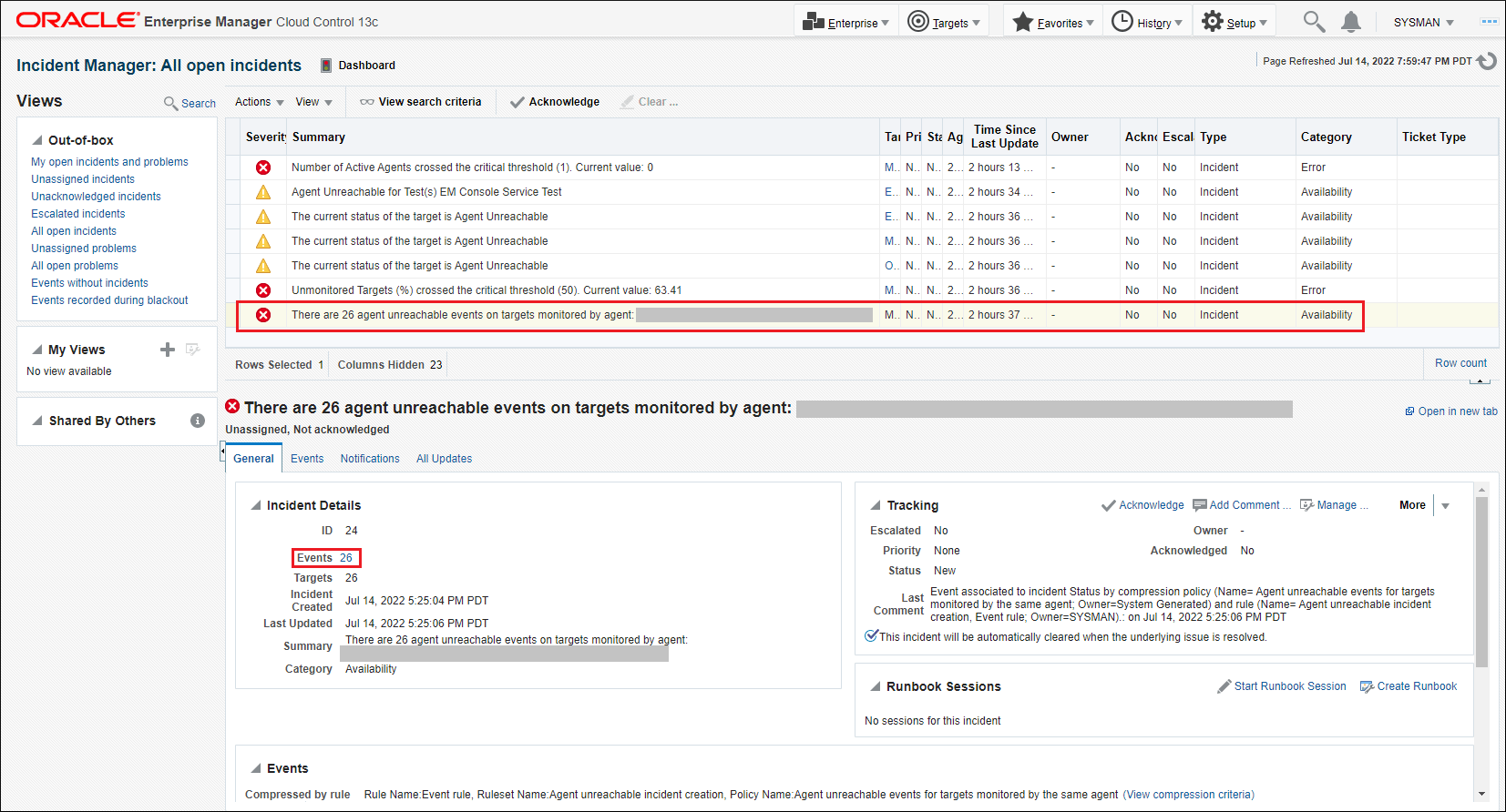 圧縮されたイベントがあるインシデント・マネージャを示す図。