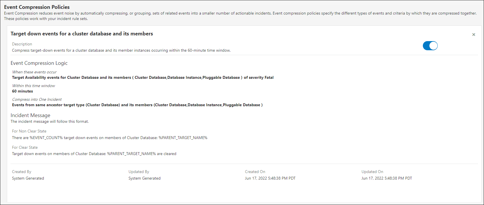 イベント圧縮ポリシーの詳細を示す画像。