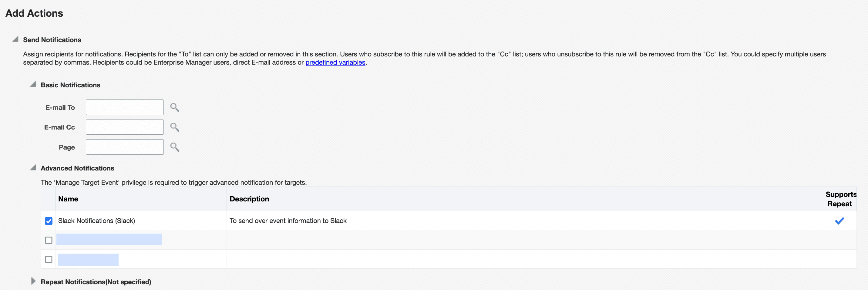 アクション・ページでの通知メソッドの有効化 アクション・ページでの通知メソッドの有効化
