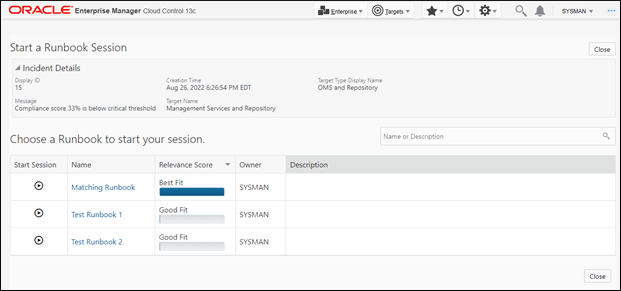 図は、関連ランブックのランブック・セッションの開始ページを示しています