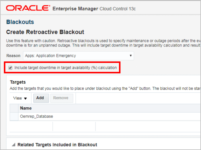「遡及ブラックアウトの作成」チェック・ボックス。 「遡及ブラックアウトの作成」チェック・ボックス。