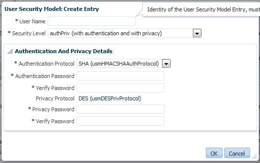 「ユーザー・セキュリティ・モデル・エントリ」ダイアログ