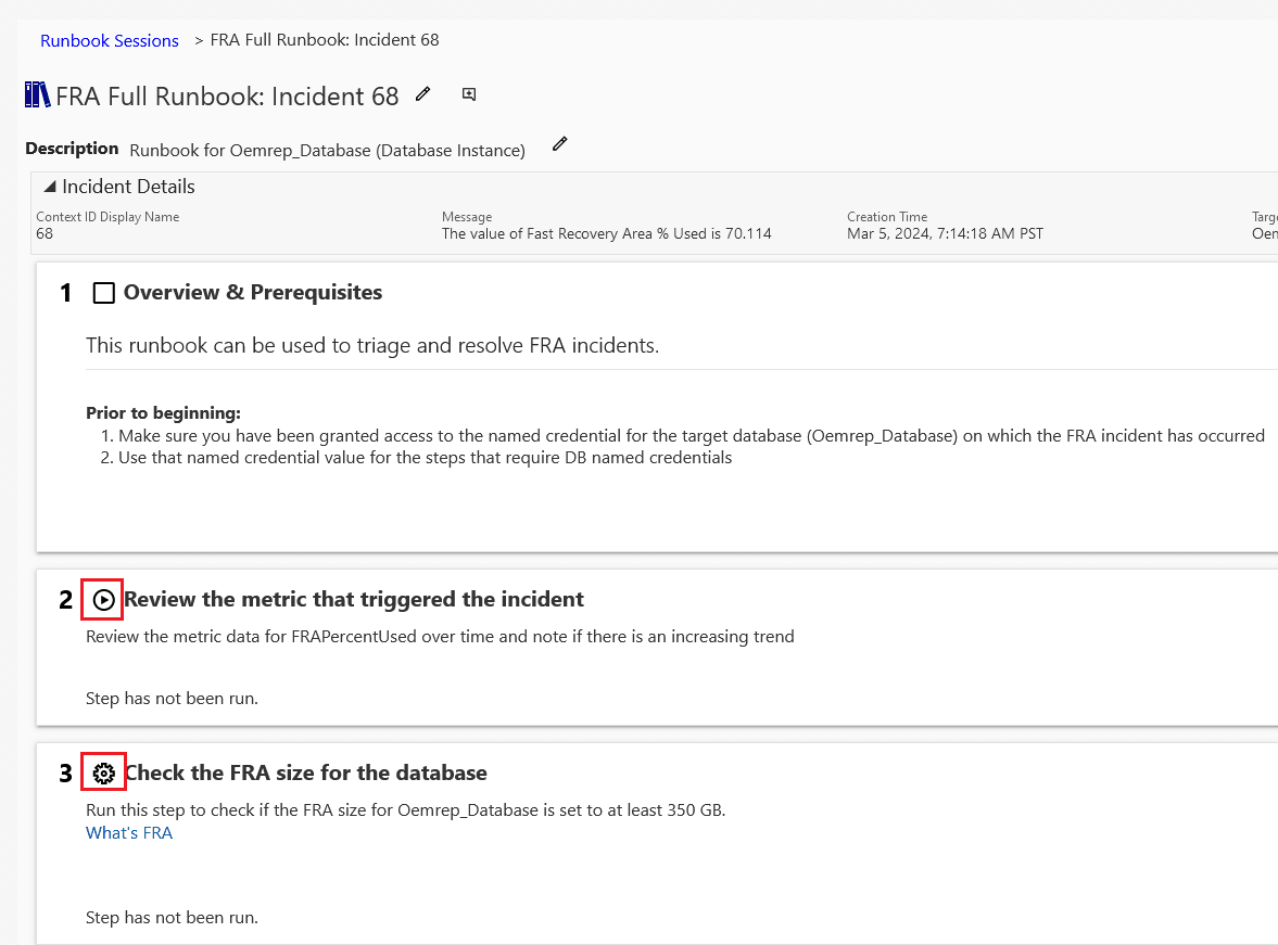 図にランブックの歯車アイコンと再生アイコンの例が示されています。