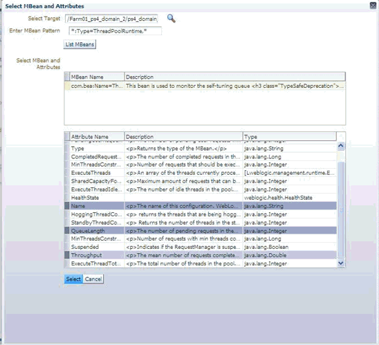 画像は、複数のMBean属性の選択を示しています。