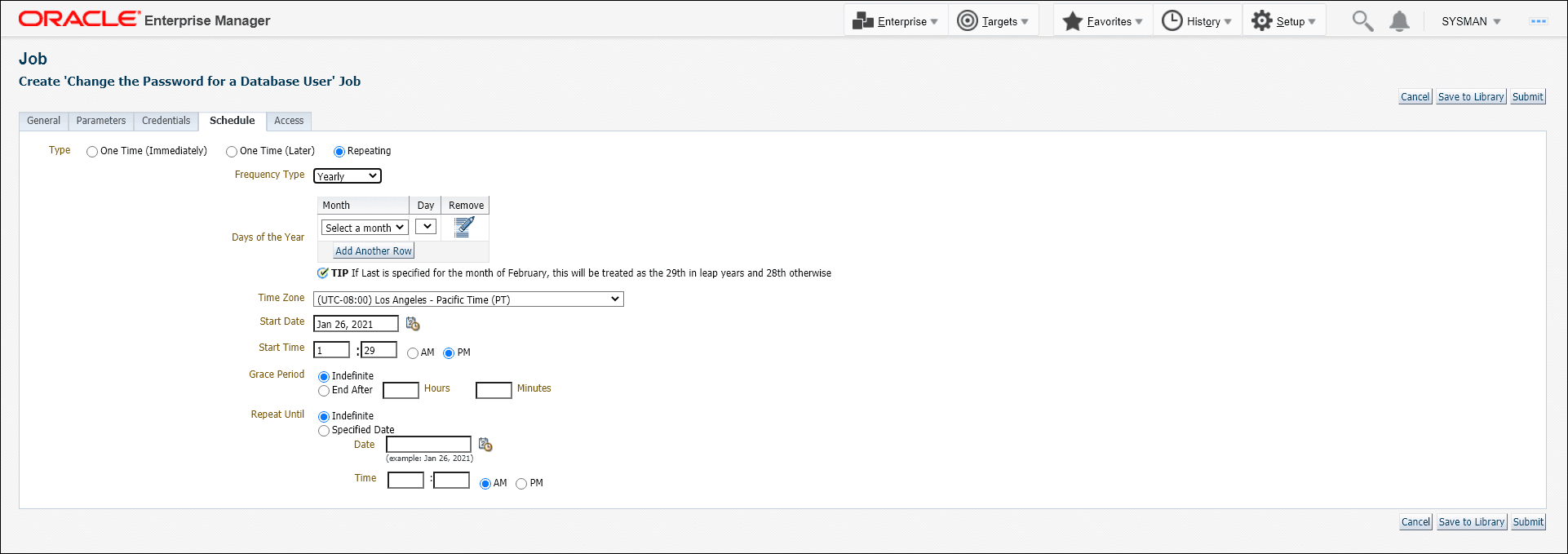 図は、dbsnmp以外のユーザーのジョブ・スケジュール・ページを示しています。