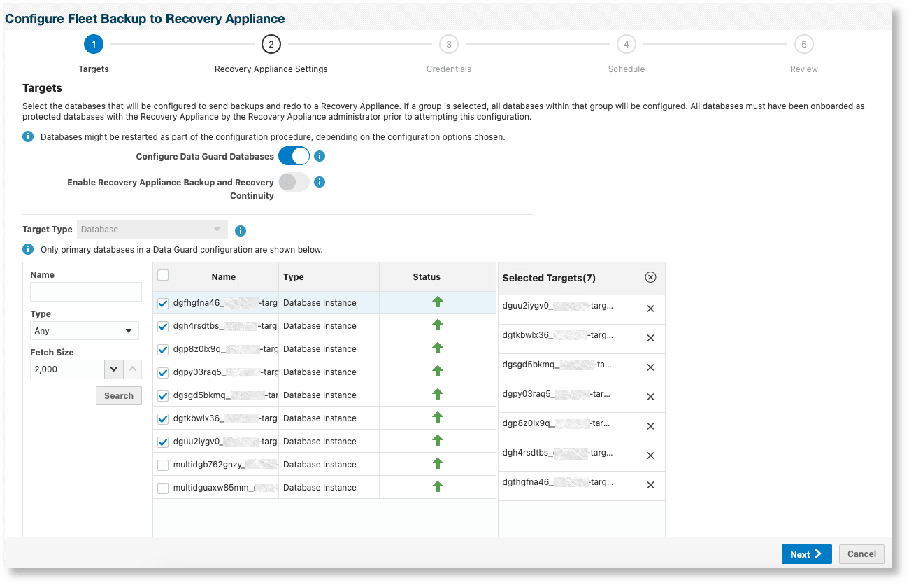 リカバリ・アプライアンスにバックアップするためのData Guardデータベースの構成 - 「ターゲット」ページ