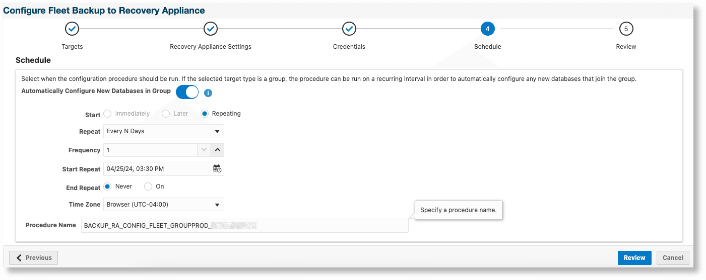 リカバリ・アプライアンスにバックアップするためのデータベース・グループの繰返し構成 - 「スケジュール」ページ