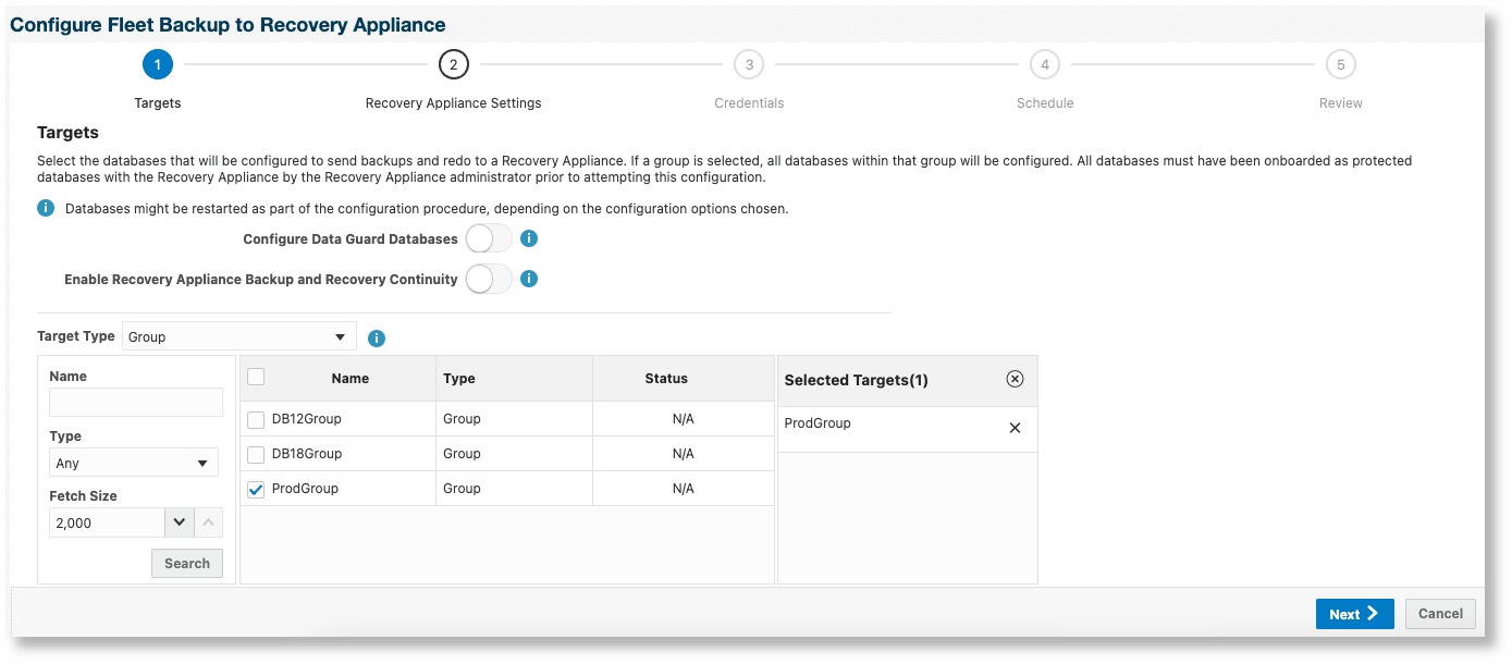 リカバリ・アプライアンスにバックアップするためのデータベース・グループの繰返し構成 - 「ターゲット」ページ