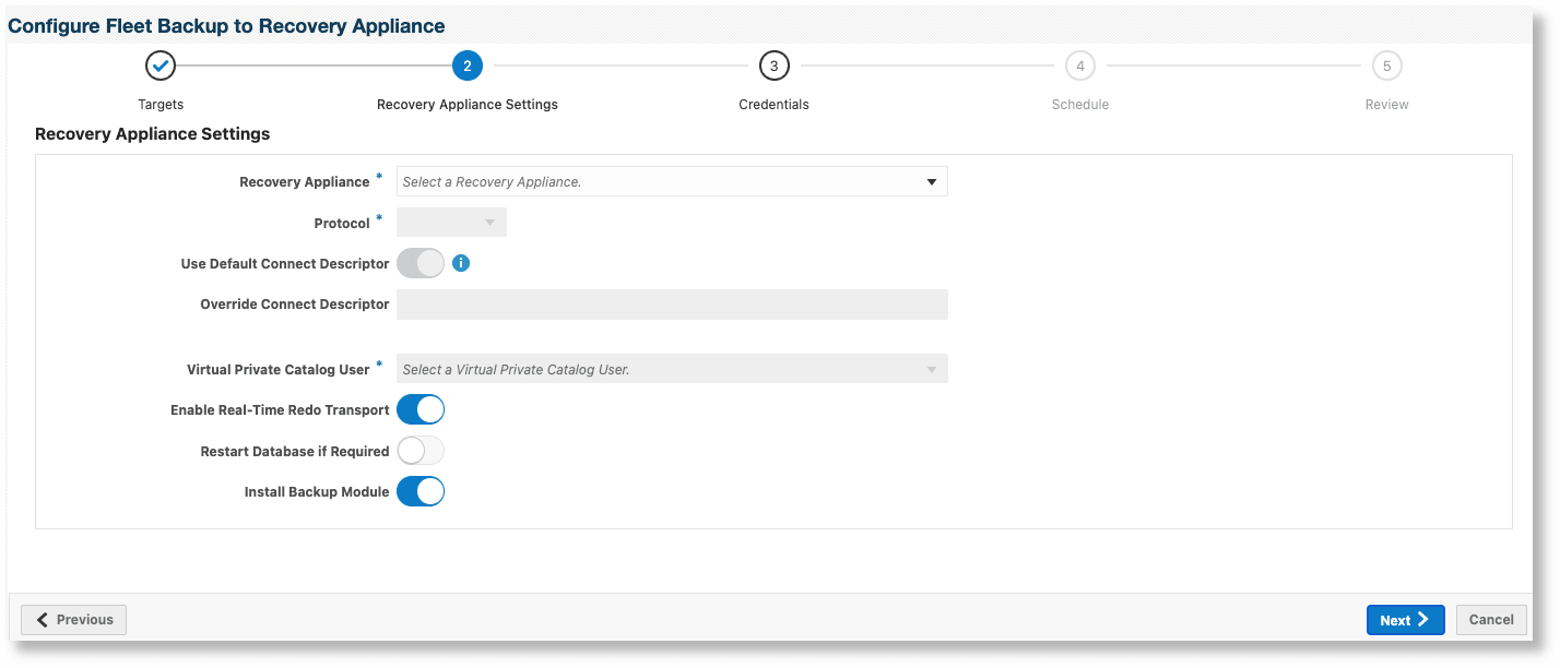 リカバリ・アプライアンスにバックアップするためのData Guard以外のデータベースの構成 - RA設定ページ