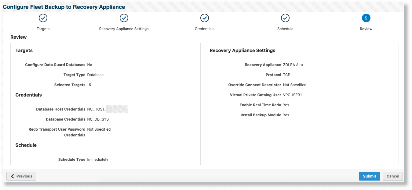 リカバリ・アプライアンスにバックアップするためのData Guard以外のデータベースの構成 - 「確認」ページ