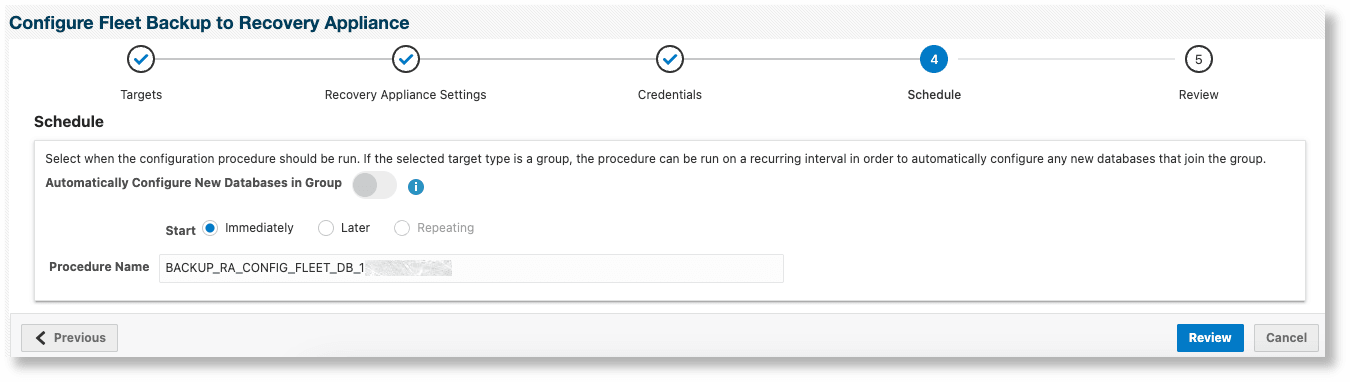 リカバリ・アプライアンスにバックアップするためのData Guard以外のデータベースの構成 - 「スケジュール」ページ