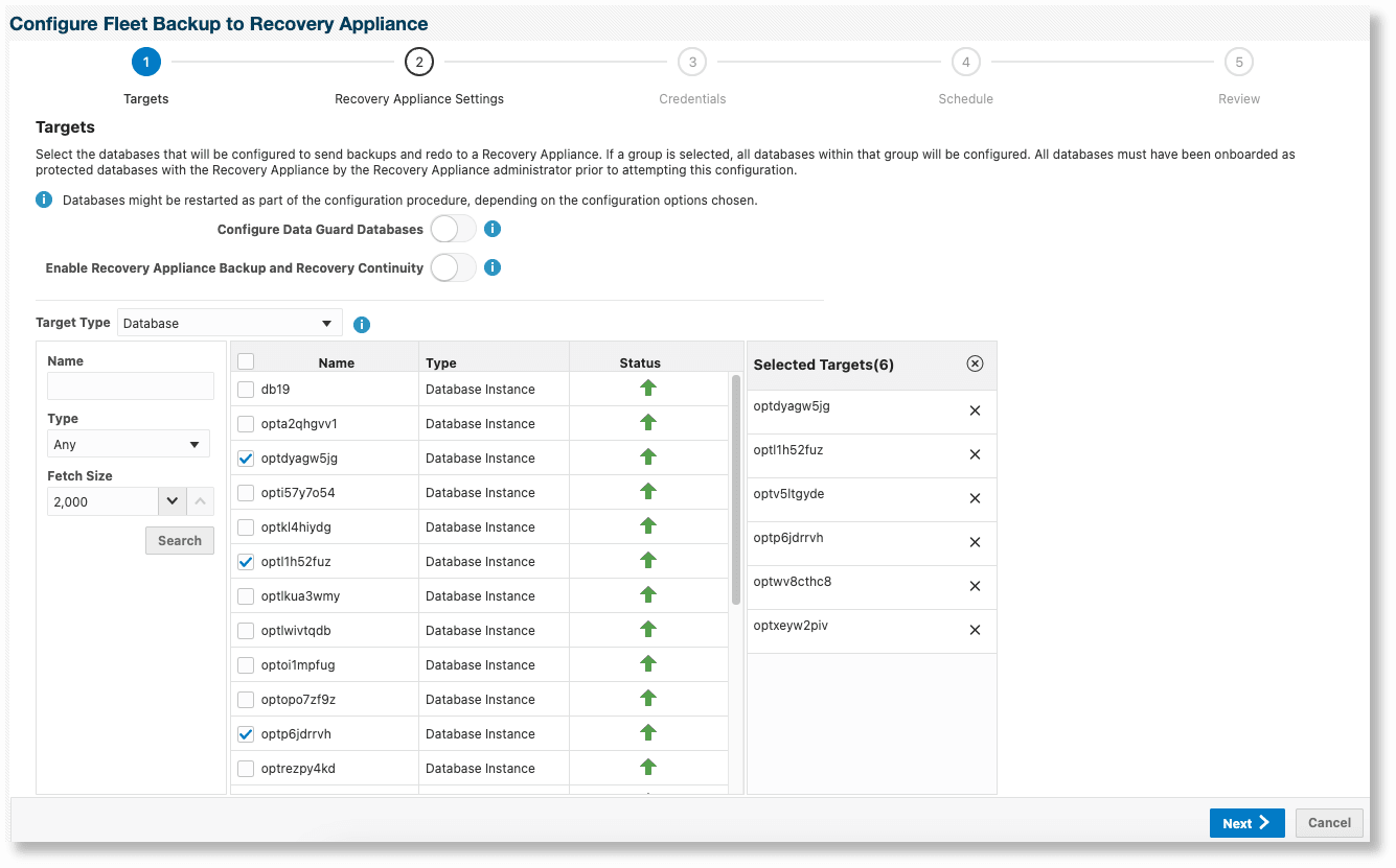 リカバリ・アプライアンスにバックアップするためのData Guard以外のデータベースの構成 - 「ターゲット」ページ