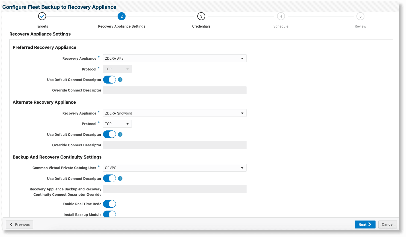 リカバリ・アプライアンスのバックアップおよびリカバリの継続性のためのData Guard以外のデータベースの構成 - RA設定ページ