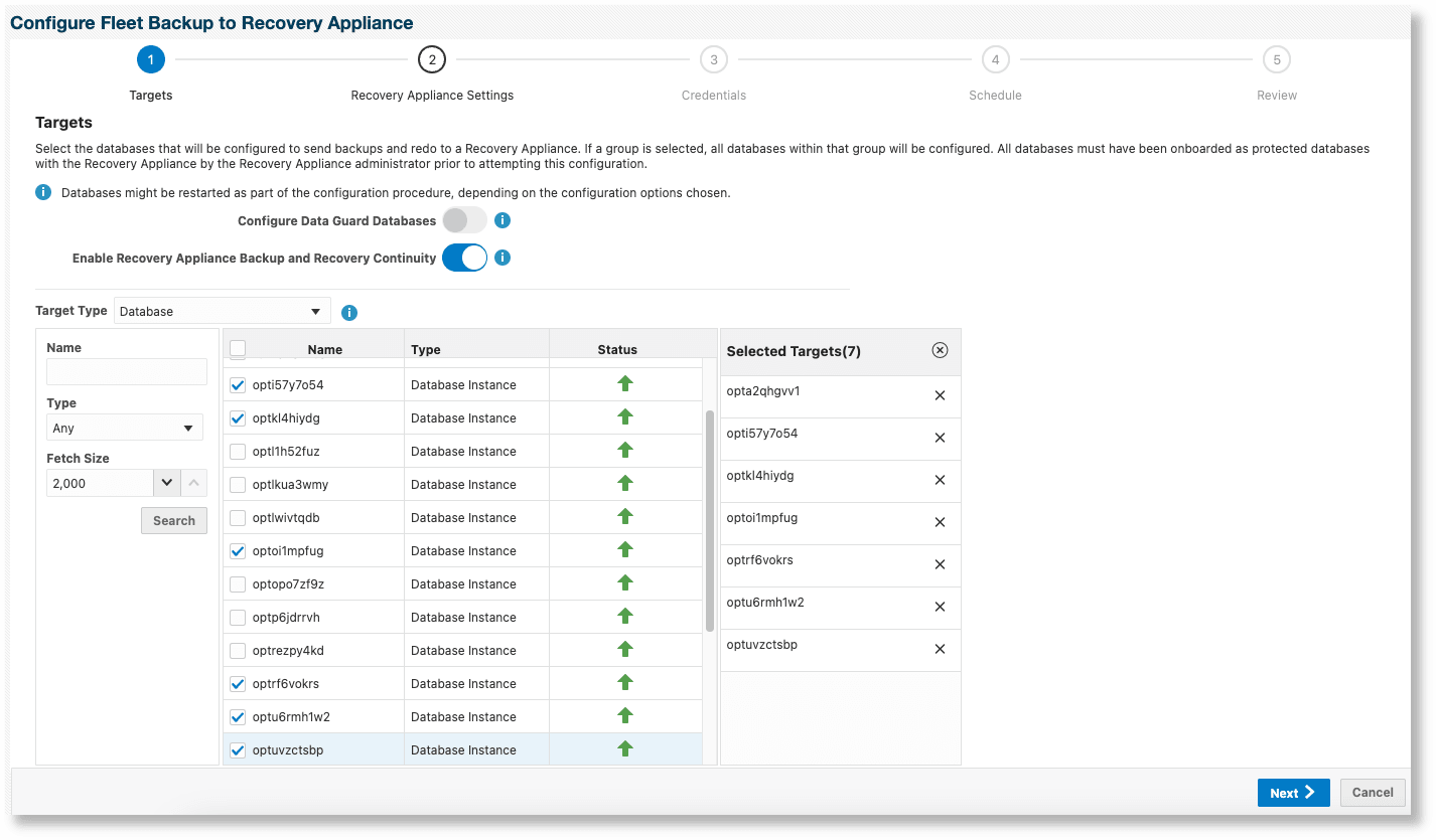 リカバリ・アプライアンスのバックアップおよびリカバリの継続性のためのData Guard以外のデータベースの構成 - 「ターゲット」ページ