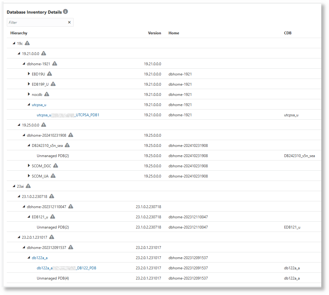 データベース・インベントリの詳細