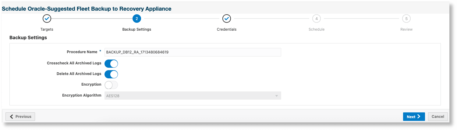 個々のデータベース用のバックアップのスケジュール - 「バックアップ設定」ページ