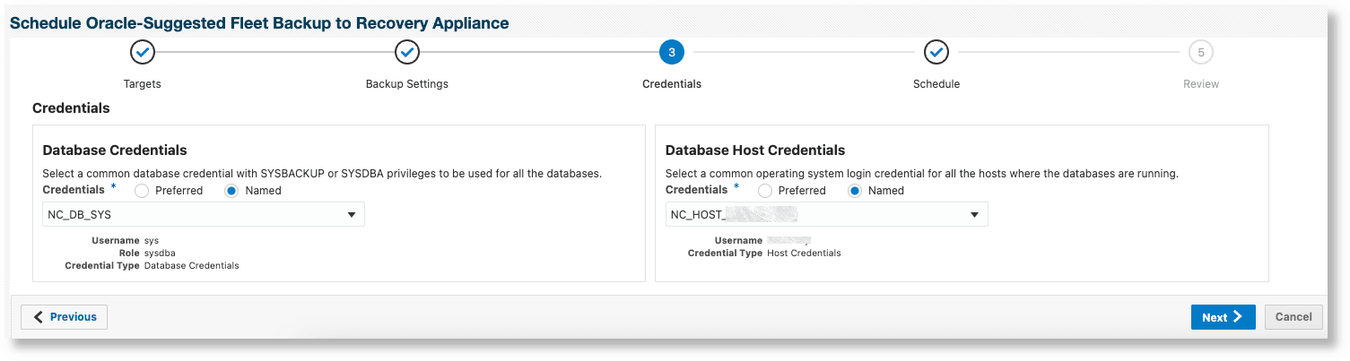 個々のデータベース用のバックアップのスケジュール - 「資格証明」ページ