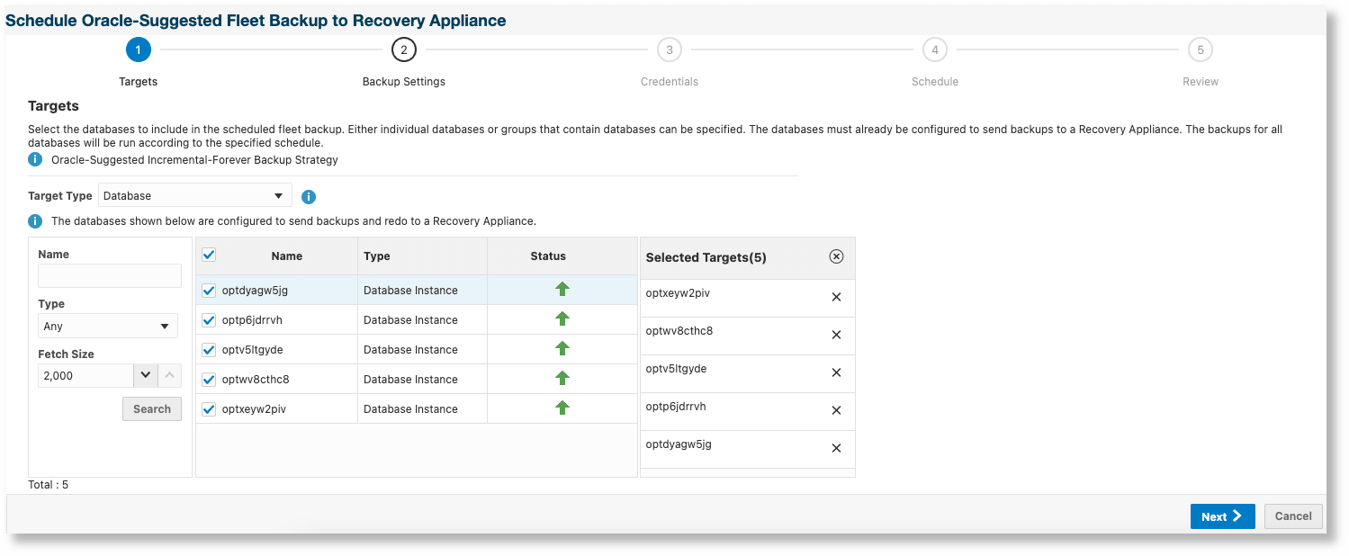 個々のデータベース用のバックアップのスケジュール - 「ターゲット」ページ