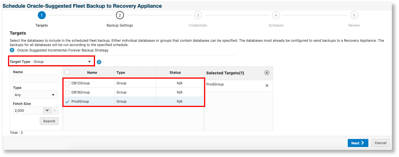 データベース・グループ用のバックアップのスケジュール - 「ターゲット」ページ