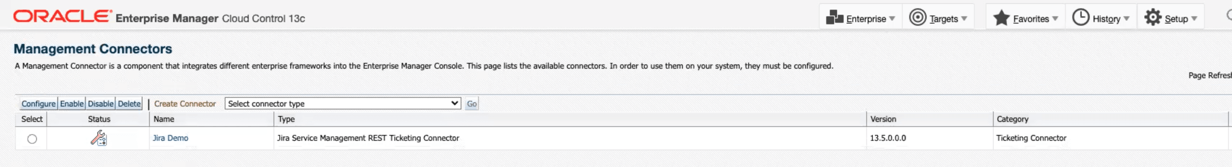 Image shows the Management Connectors page in EM.