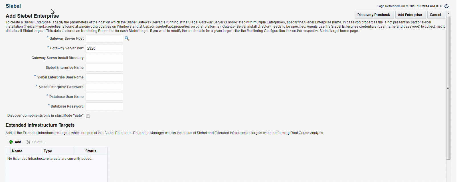 「Siebel Enterpriseの追加」ページ