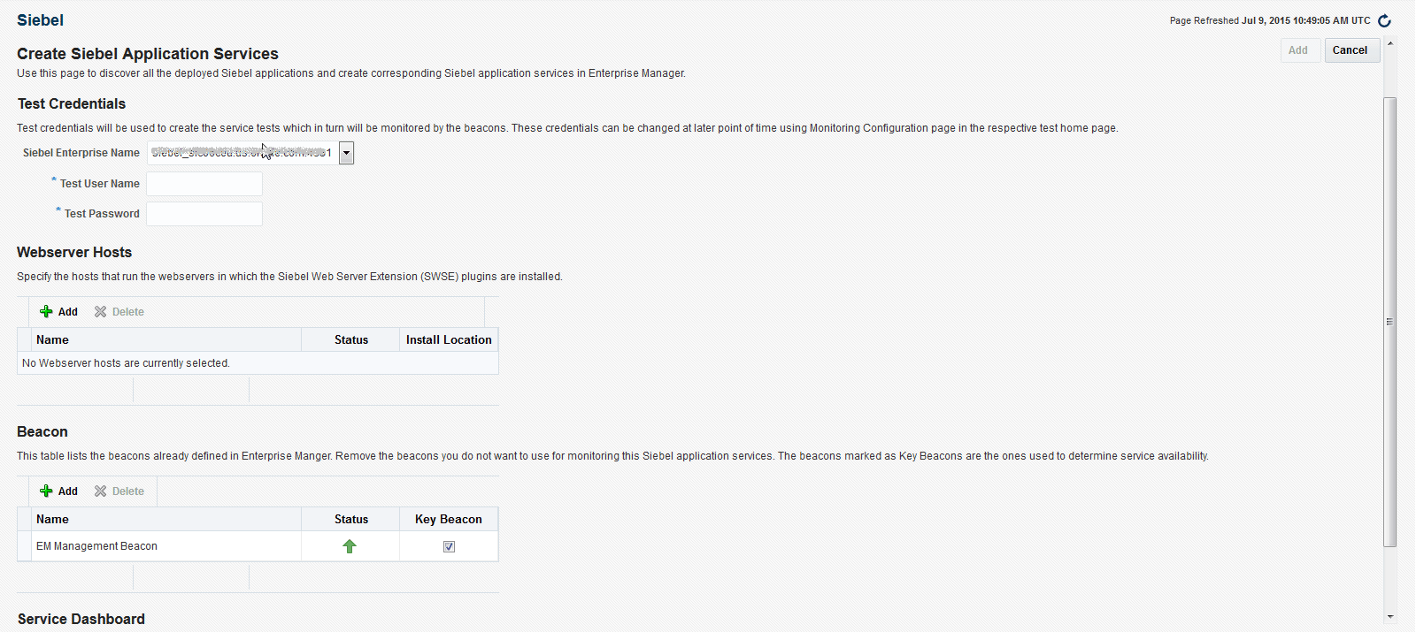 「Siebelアプリケーション・サービスの作成」ページ 「Siebelアプリケーション・サービスの作成」ページ