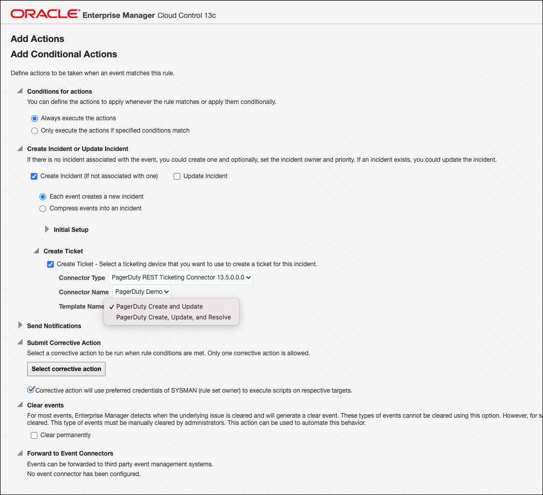 イベント・ルールの「アクションの追加」ページを示す画像。 イベント・ルールの「アクションの追加」ページを示す画像。