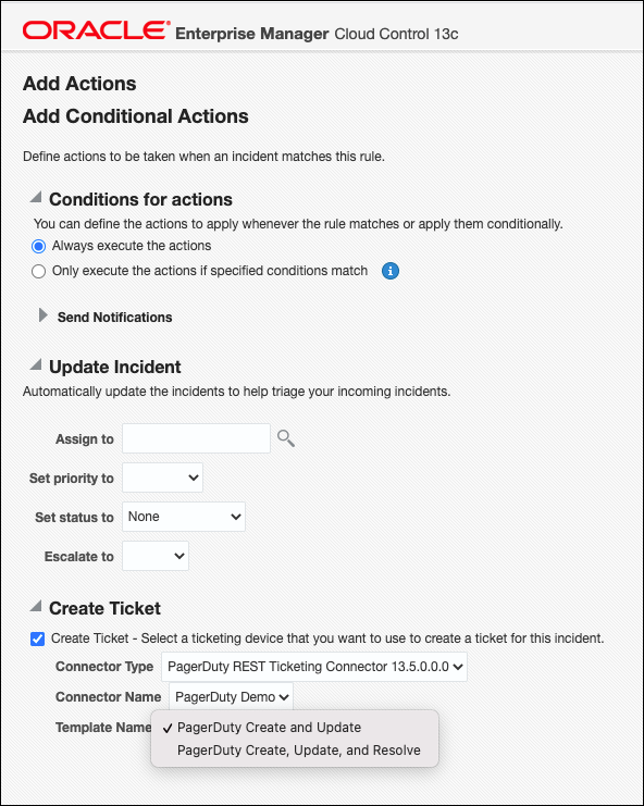 インシデント・ルールの「アクションの追加」ページを示す画像。 インシデント・ルールの「アクションの追加」ページを示す画像。
