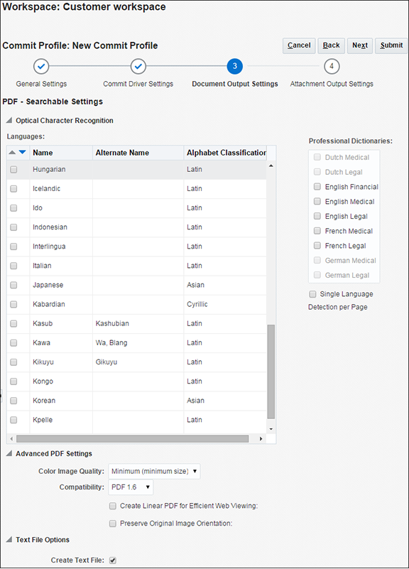 PDF検索可能ドキュメント出力設定