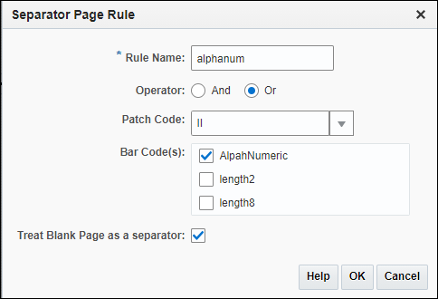 指定されたバー・コード、パッチ・コード、空白ページまたはそのすべての検出時に新しいドキュメントを開始するセパレータ・ページ・ルール