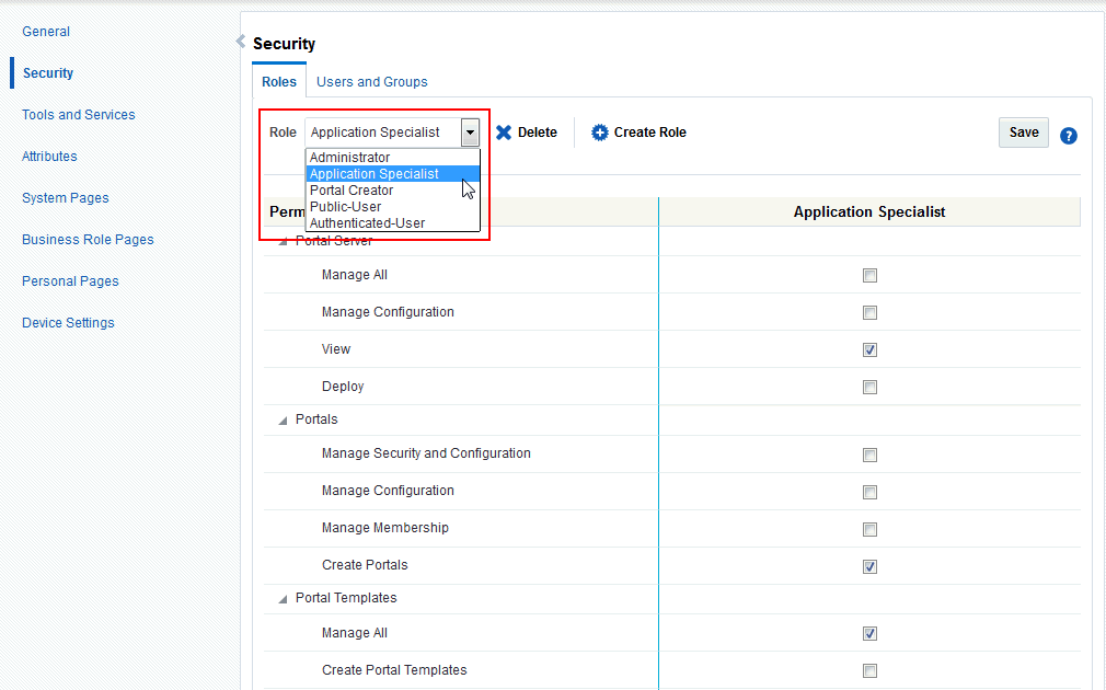 WebCenter Portal管理: 「ロール」ページ