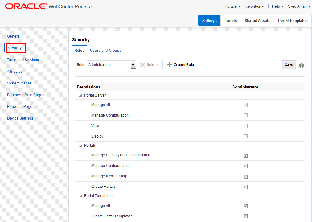 WebCenter Portal管理: 「セキュリティ」ページ