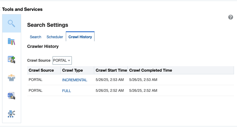 この図は、ポータル・クロール・ソースのクロール履歴を示しています。
