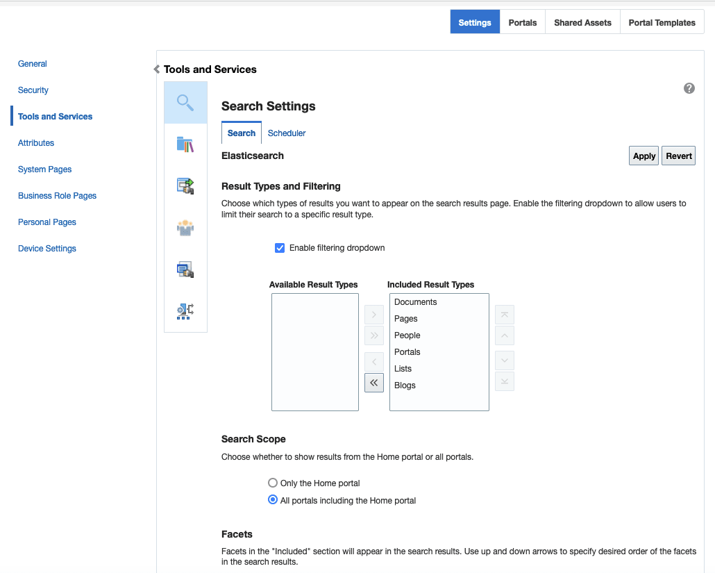 この図は、「検索設定」ページの検索設定オプション(検索範囲、カスタム属性など)を示しています。