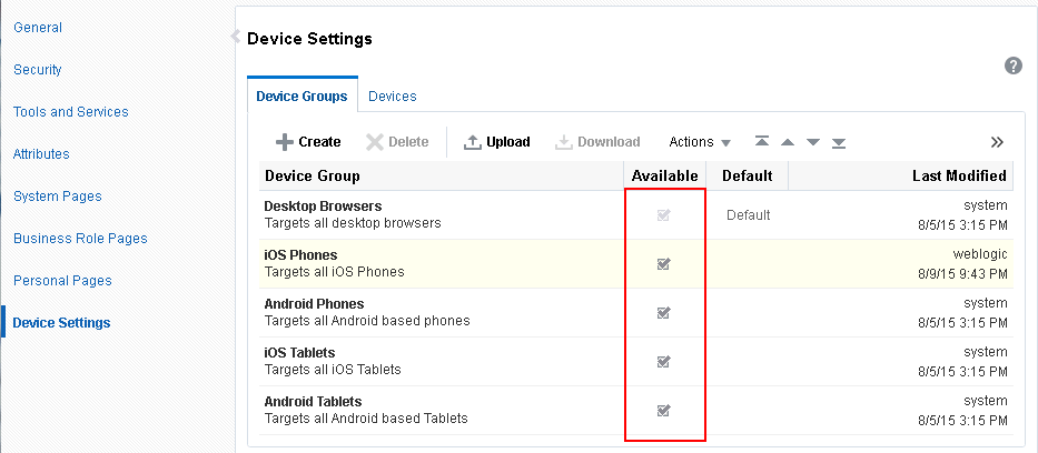 使用可能なデバイス・グループおよび非表示のデバイス・グループ