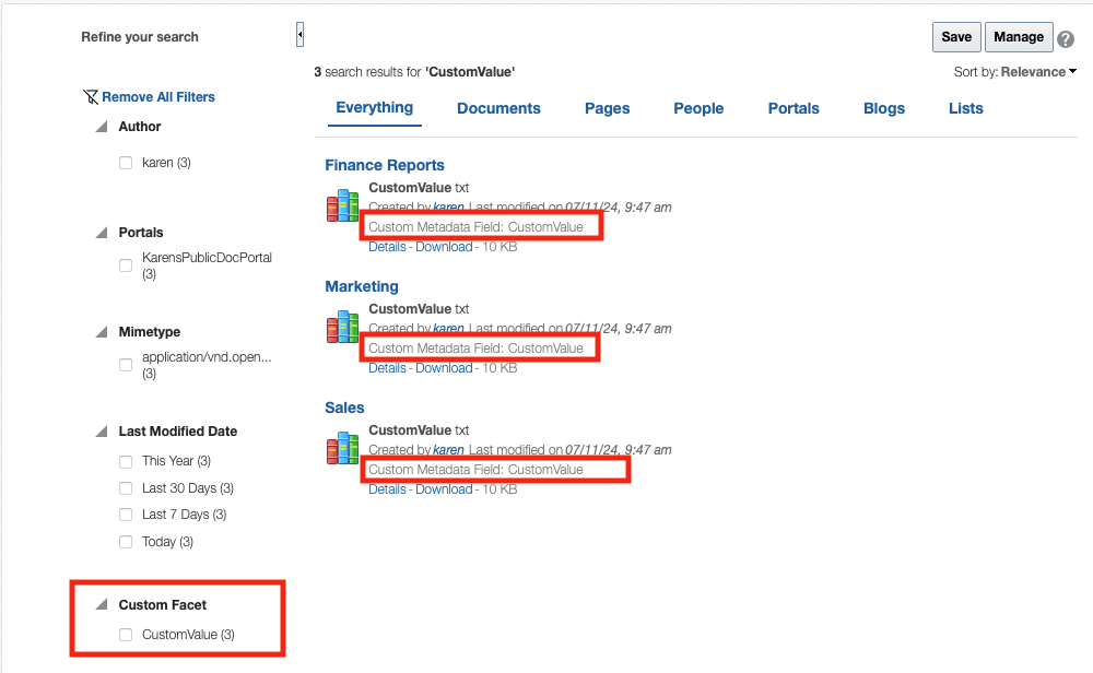 この図は、検索結果が表示されたポータル・ページを示しています。