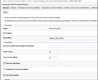 この画像は、シングル・サインオンのサービス・プロバイダ・パートナの「全般」タブを示しています