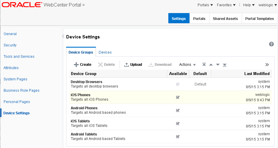 WebCenter Portal管理: デバイス設定ページ