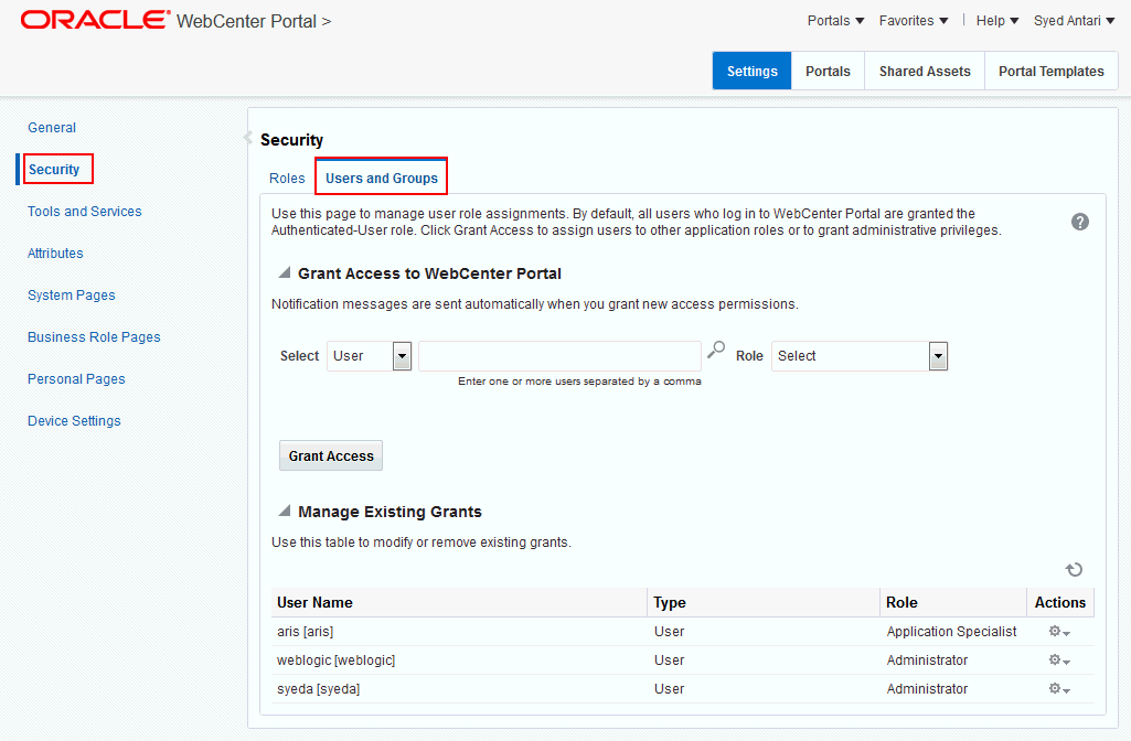 WebCenter Portal管理: 「ユーザーとグループ」ページ