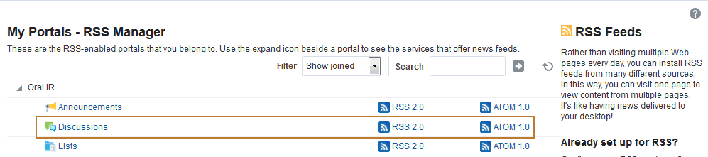 RSSマネージャの「ディスカッション」ノードの横にある「RSS 2.0」アイコンおよび「Atom 1.0」アイコン