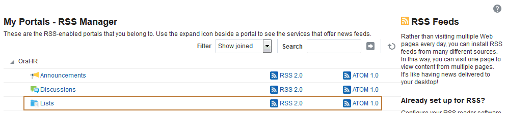 RSSマネージャ・ページの「リスト」ノード
