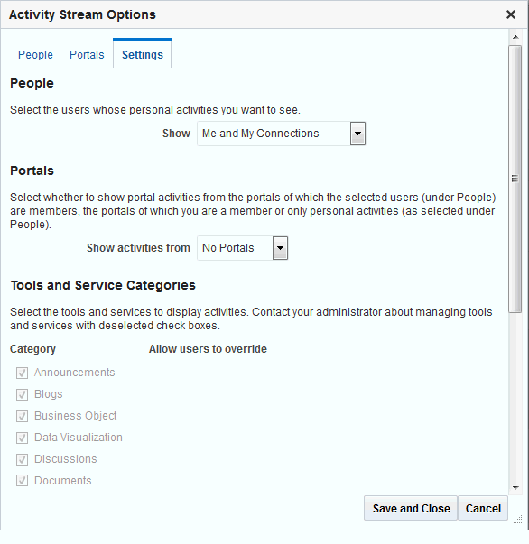 「アクティビティ・ストリーム」オプションの「オプション」リンク
