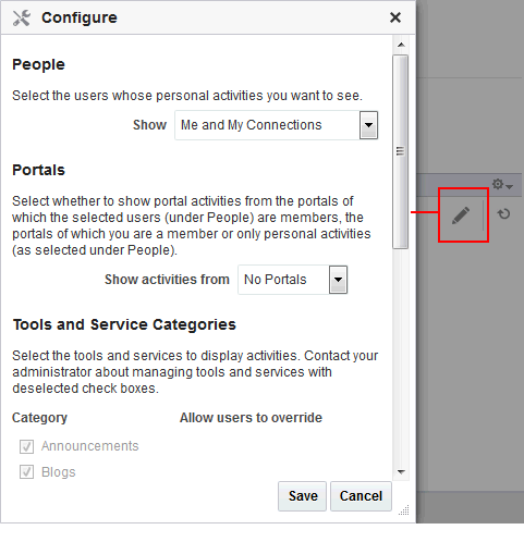 鉛筆アイコンと表示される「構成」ダイアログ