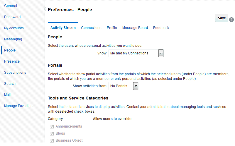 「プリファレンス - 人」ページ: 「アクティビティ・ストリーム」タブ