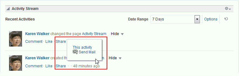 ストリームされたアクティビティの「共有」メニュー