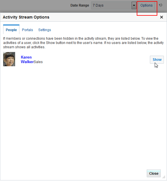 「オプション」リンクと「表示」ボタン
