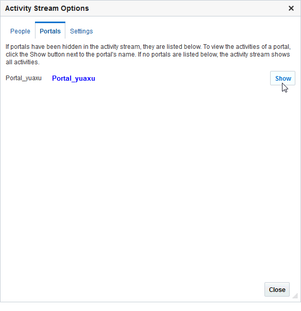 「アクティビティ・ストリーム・オプション」ダイアログの「オプション」リンクと「表示」ボタン